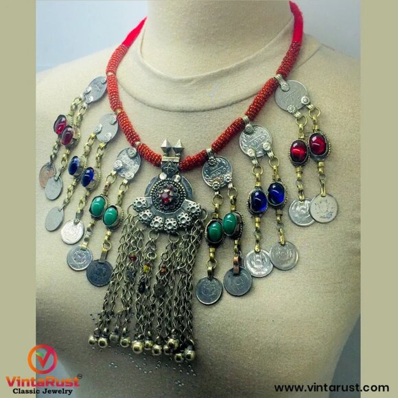Dangling Coins and Stone Necklace, Beaded Necklace With Vintage Coins - Picture 3 of 6